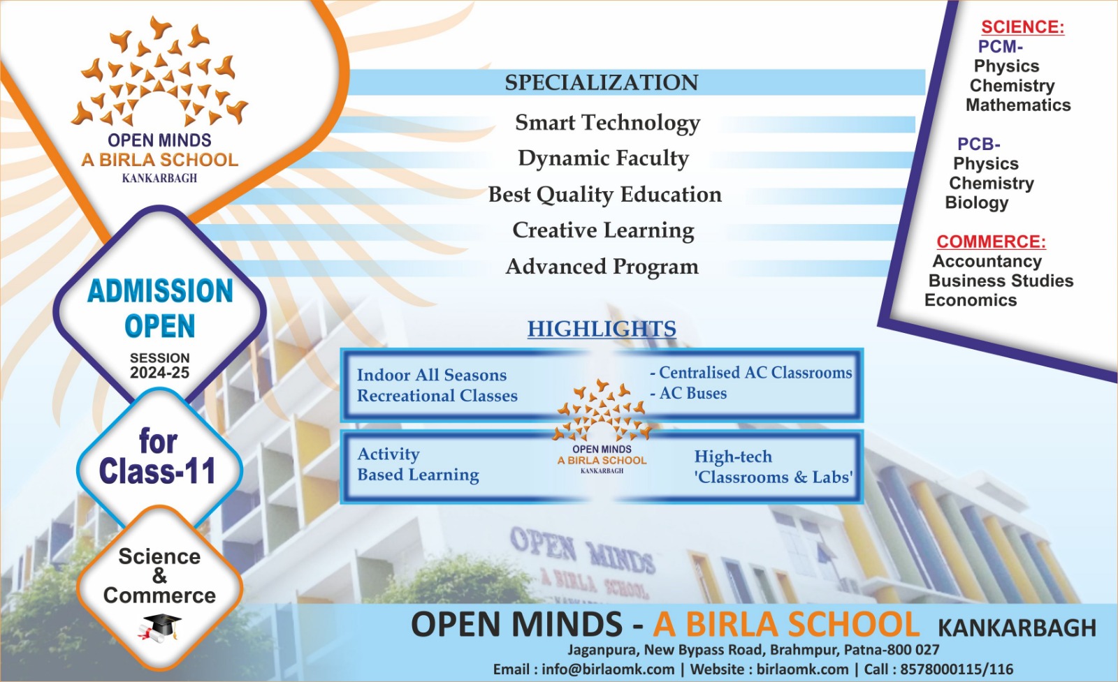 11th and 12th grade admission information at open minds a birla school kankarbagh patna